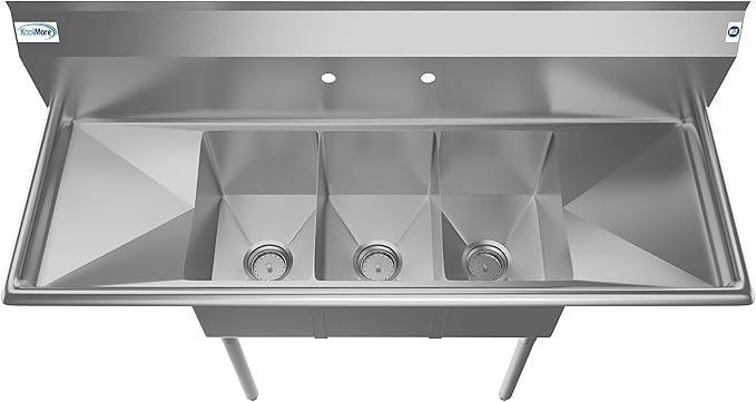 KoolMore 3 Compartment Stainless Steel NSF Commercial Kitchen Sink with Large Drainboard - Bowl Size 12" x 16" x 10", Silver