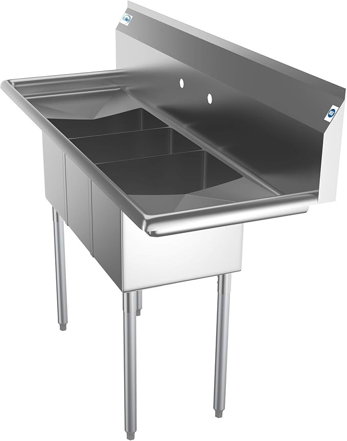 KoolMore 3 Compartment Stainless Steel NSF Commercial Kitchen Sink with Large Drainboard - Bowl Size 12" x 16" x 10", Silver