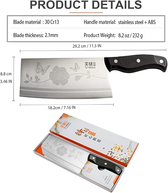 Meat Cleaver Knife 7.2 Inch, Ultra Sharp Chinese Chef's Knives, Full tang Chopping Knife, 30Cr13 Steel Blade Thickness 2 mm, TJ SEGA Series TC17068