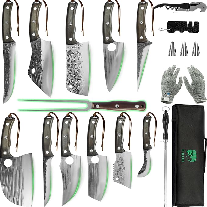 17pcs Butcher Chef Knife Set include sheath High Carbon Steel Cleaver Kitchen Knife Whole Tang Vegetable Cleaver Home BBQ Camping with Knife Bag