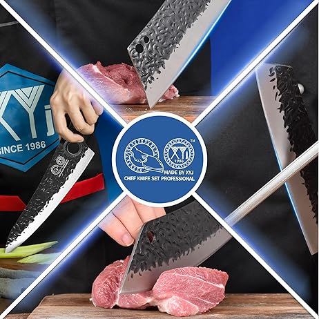 XYJ Professional Kitchen Knife Set with High-Carbon Steel Forged Blades, Chef's Knife, Cleaver, Carving Knife, Nakiri, Full Tang Design