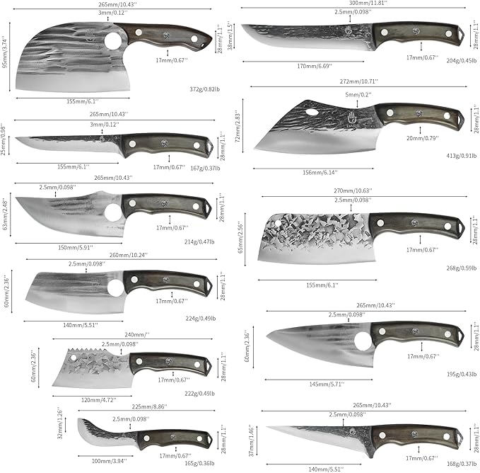 17pcs Butcher Chef Knife Set include sheath High Carbon Steel Cleaver Kitchen Knife Whole Tang Vegetable Cleaver Home BBQ Camping with Knife Bag