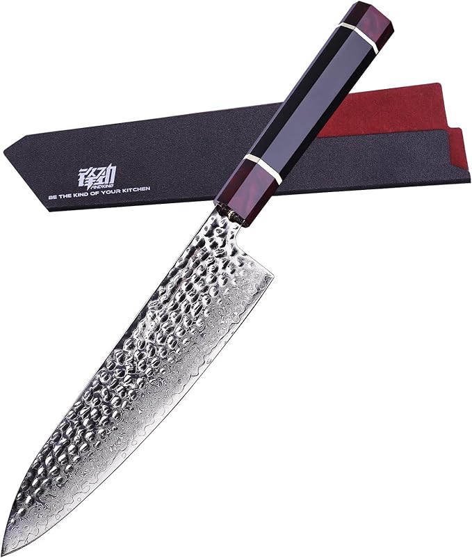 8" FINDKING Eternity Series Japanese Chef Knife with ABS sheath, Professional Kitchen Knife, 9Cr18MoV Damascus Steel Blade, Resin Octagonal Handle, Sharp, for Meat Cutting, 8 Inches