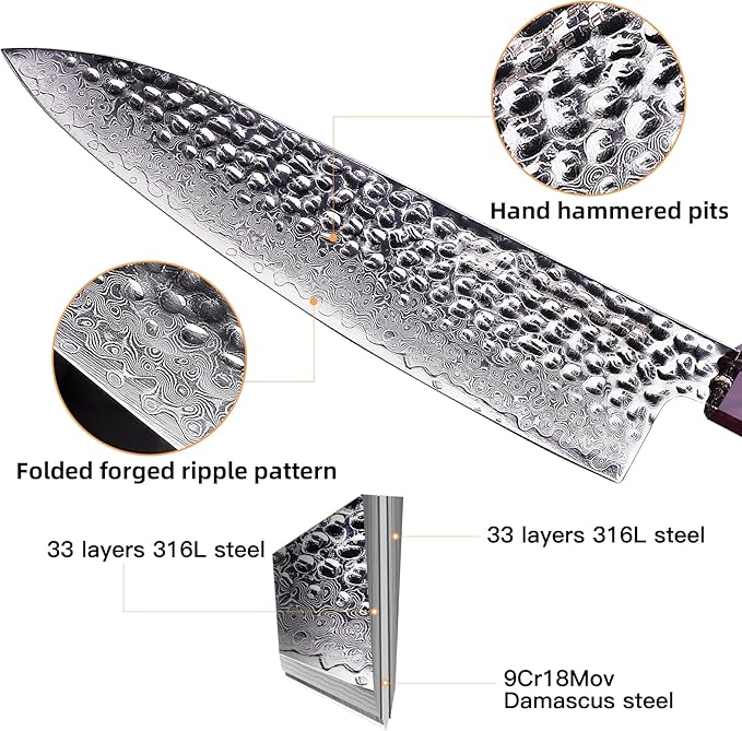 8" FINDKING Eternity Series Japanese Chef Knife with ABS sheath, Professional Kitchen Knife, 9Cr18MoV Damascus Steel Blade, Resin Octagonal Handle, Sharp, for Meat Cutting, 8 Inches