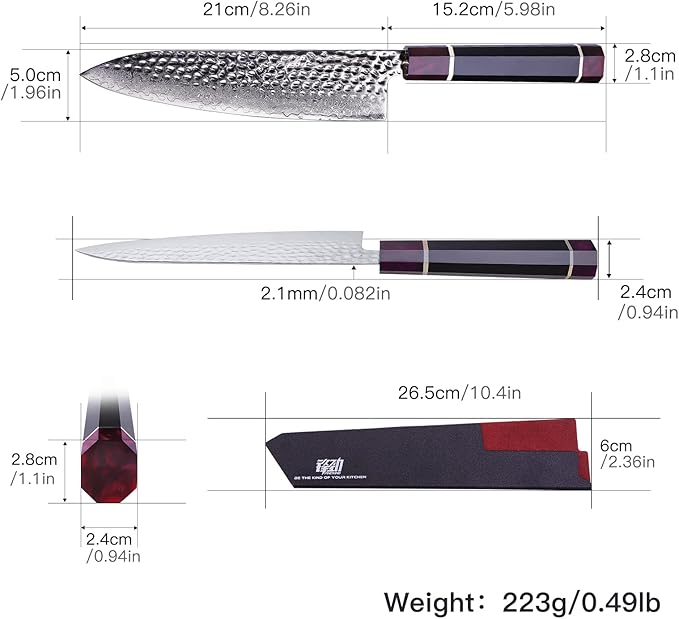 8" FINDKING Eternity Series Japanese Chef Knife with ABS sheath, Professional Kitchen Knife, 9Cr18MoV Damascus Steel Blade, Resin Octagonal Handle, Sharp, for Meat Cutting, 8 Inches
