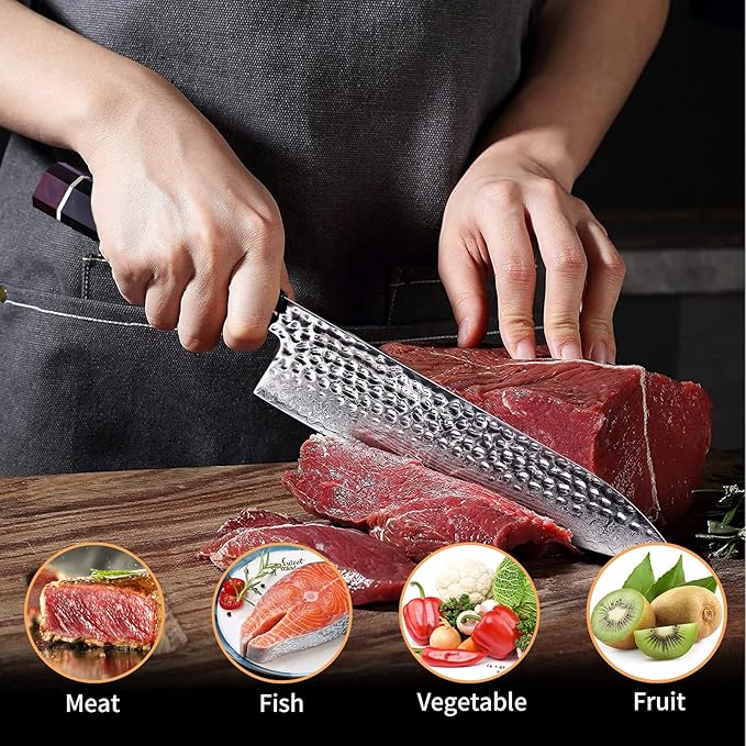 8" FINDKING Eternity Series Japanese Chef Knife with ABS sheath, Professional Kitchen Knife, 9Cr18MoV Damascus Steel Blade, Resin Octagonal Handle, Sharp, for Meat Cutting, 8 Inches