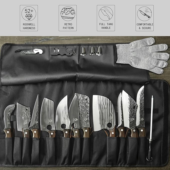 17pcs Butcher Chef Knife Set include sheath High Carbon Steel Cleaver Kitchen Knife Whole Tang Vegetable Cleaver Home BBQ Camping with Knife Bag