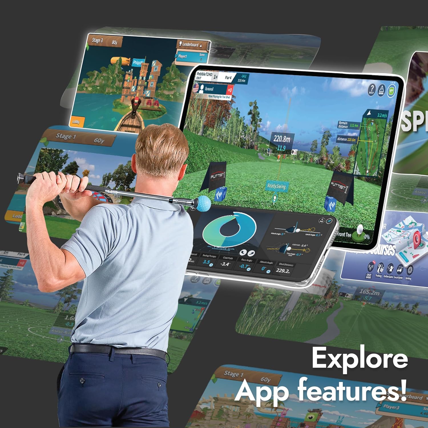 Click to see full view PHIGOLF Home Golf Game Simulator: Enjoy Interactive Golf with Motion Sensor & Swing Stick for Indoor & Outdoor Fun – 38,000+ Courses Worldwide, Compatible with Android, iOS, App & E6 Connect