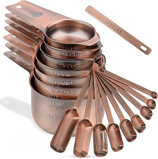 Kalsreui Copper Measuring Cups and Spoons Set, Measuring Cups and Spoons Set 17, Stainless Steel Measuring Cups and Spoons set, Metal 7 Measuring Cups and 9...