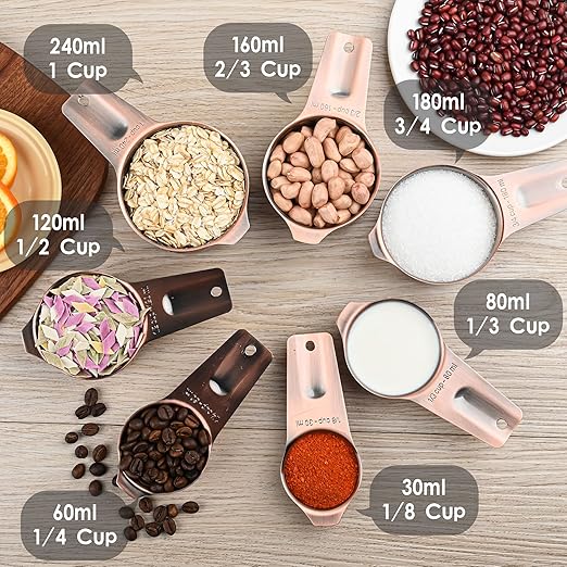 Kalsreui Copper Measuring Cups and Spoons Set, Measuring Cups and Spoons Set 17, Stainless Steel Measuring Cups and Spoons set, Metal 7 Measuring Cups and 9...