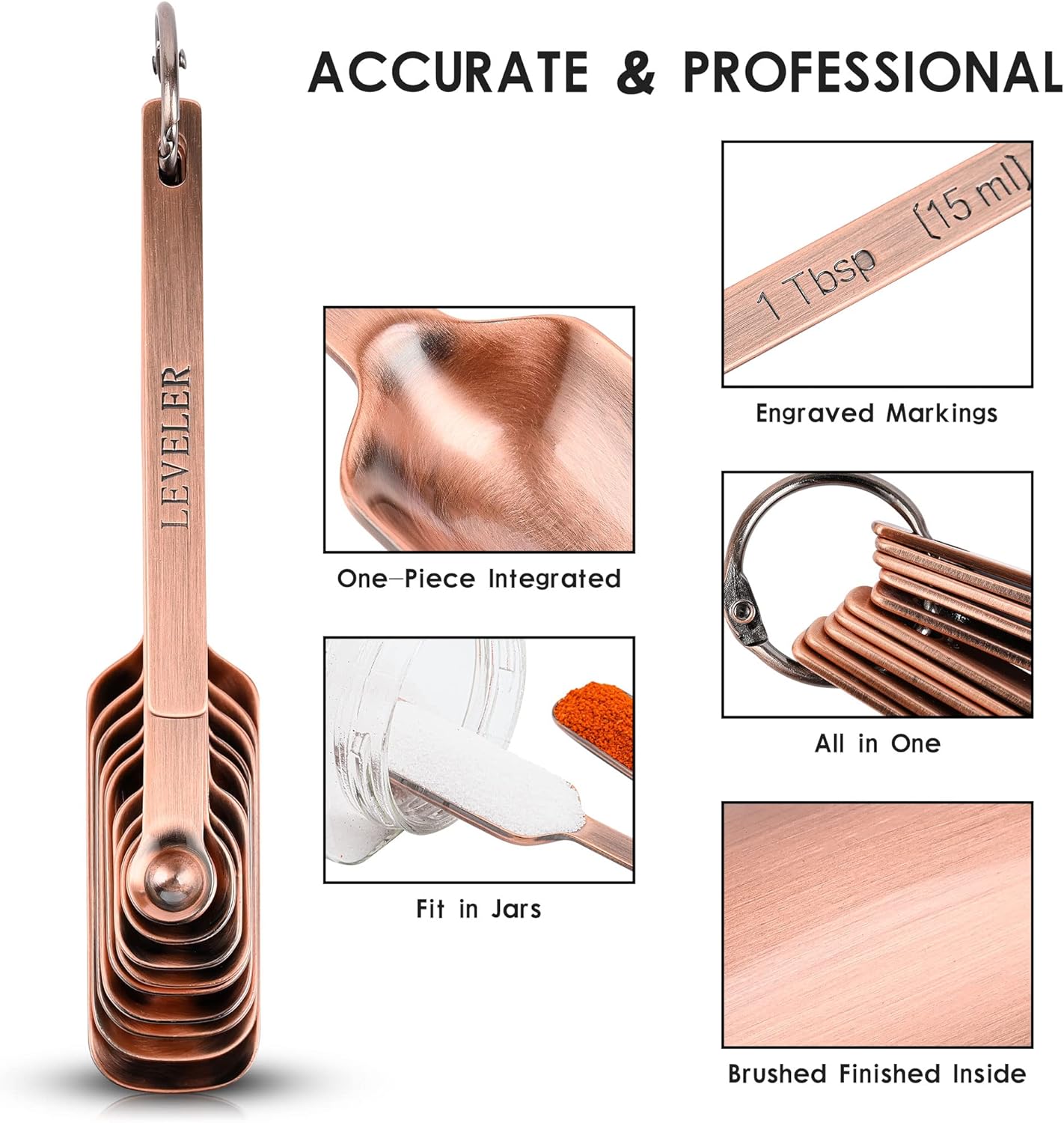 Kalsreui Copper Measuring Cups and Spoons Set, Measuring Cups and Spoons Set 17, Stainless Steel Measuring Cups and Spoons set, Metal 7 Measuring Cups and 9...