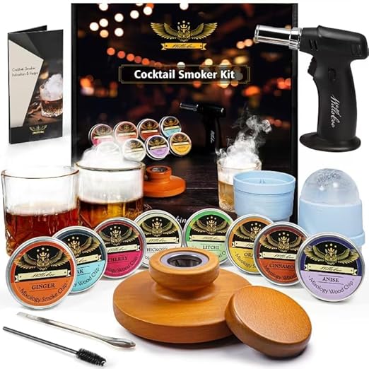 Cocktail Smoker Kit with Troch - 2 Whiskey Glasses 2 Ice Ball Molds 8 Flavor Orange Cinnamon Ginger Anise Wood Chips for Whiskey & Bourbon, Old Fashioned Smoker Set, Gifts for Men
