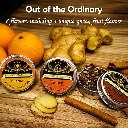 Cocktail Smoker Kit with Troch - 2 Whiskey Glasses 2 Ice Ball Molds 8 Flavor Orange Cinnamon Ginger Anise Wood Chips for Whiskey & Bourbon, Old Fashioned Smoker Set, Gifts for Men