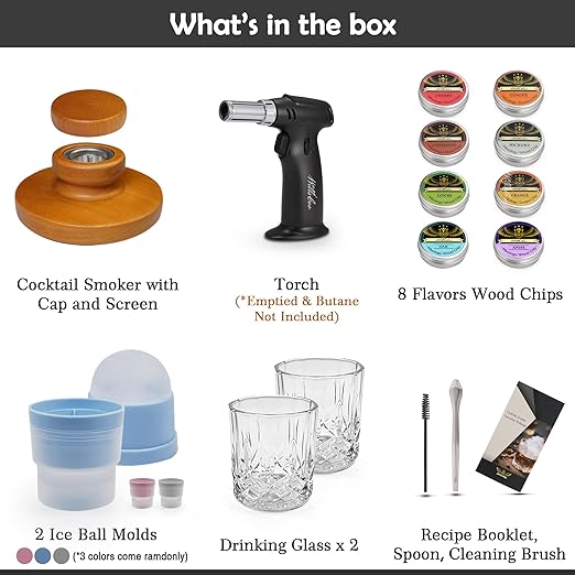 Cocktail Smoker Kit with Troch - 2 Whiskey Glasses 2 Ice Ball Molds 8 Flavor Orange Cinnamon Ginger Anise Wood Chips for Whiskey & Bourbon, Old Fashioned Smoker Set, Gifts for Men