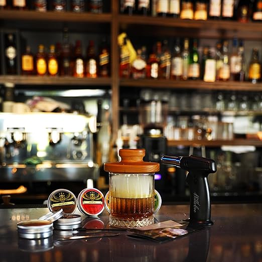 Cocktail Smoker Kit with Troch - 2 Whiskey Glasses 2 Ice Ball Molds 8 Flavor Orange Cinnamon Ginger Anise Wood Chips for Whiskey & Bourbon, Old Fashioned Smoker Set, Gifts for Men