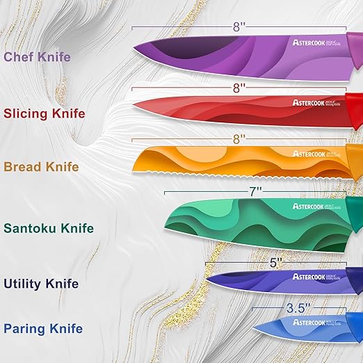 Astercook Fantasy Space Pattern Knife Set with Cover, Dishwasher Safe Colorful Knives with 6 Knife Sheath, German Stainless Steel Rainbow Knife Set