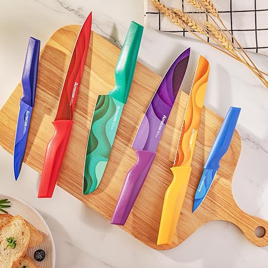 Astercook Fantasy Space Pattern Knife Set with Cover, Dishwasher Safe Colorful Knives with 6 Knife Sheath, German Stainless Steel Rainbow Knife Set