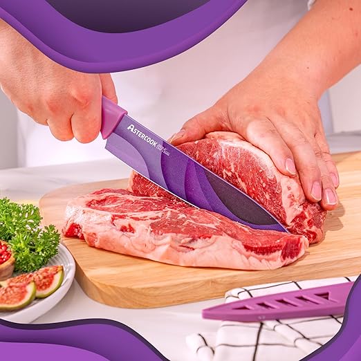 Astercook Fantasy Space Pattern Knife Set with Cover, Dishwasher Safe Colorful Knives with 6 Knife Sheath, German Stainless Steel Rainbow Knife Set