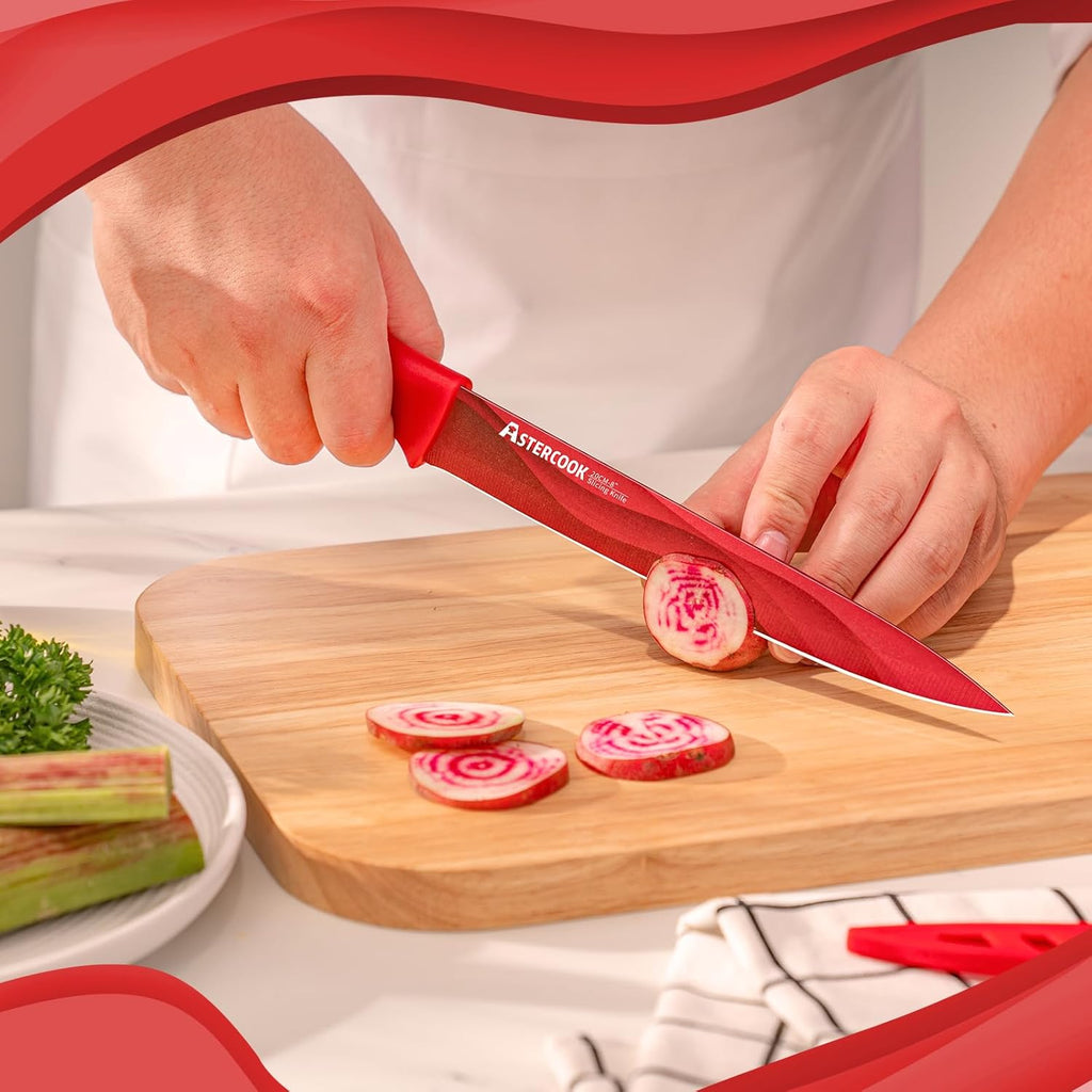 Astercook Fantasy Space Pattern Knife Set with Cover, Dishwasher Safe Colorful Knives with 6 Knife Sheath, German Stainless Steel Rainbow Knife Set