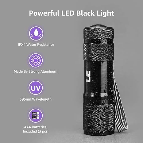 Lighting EVER Black Light Flashlight, Small UV Lights 395nm, Portable Ultraviolet Light Detector for Invisible Ink Pens, Dog Cat Pet Urine Stain, AAA Batteries Included