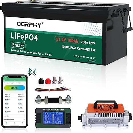 48 Volt Lithium Battery for Golf Cart with 18A Charger, 48V Lithium Battery with 200A BMS, LCD & Mobile Monitor, 5.12kWh with 10.24kW Output, 1000A Peak Current for Golf Cart(100AH)