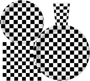 Oojami Serves 30 Complete Party Pack Black and White Checkered 9" Dinner Paper Plates 7" Dessert Paper Plates 9 oz Cups 3 Ply Napkins Race Car Party Theme
