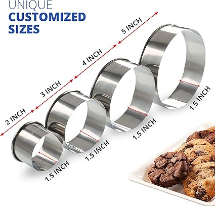 Cookie Cutter Set, 4 Pc. Kit, Measuring 2'', 3'', 4'' and 5'', Round Metal Baking Rings for Pastry, Biscuits, and Dough Cutting, Heavy Duty and Reusable, Multiple Sizes