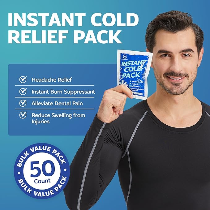 50 Pack Instant Ice Cold Pack (6” x 4.5”) - Disposable Instant Ice Packs for Injuries | Cold Compress Ice Pack for Pain Relief