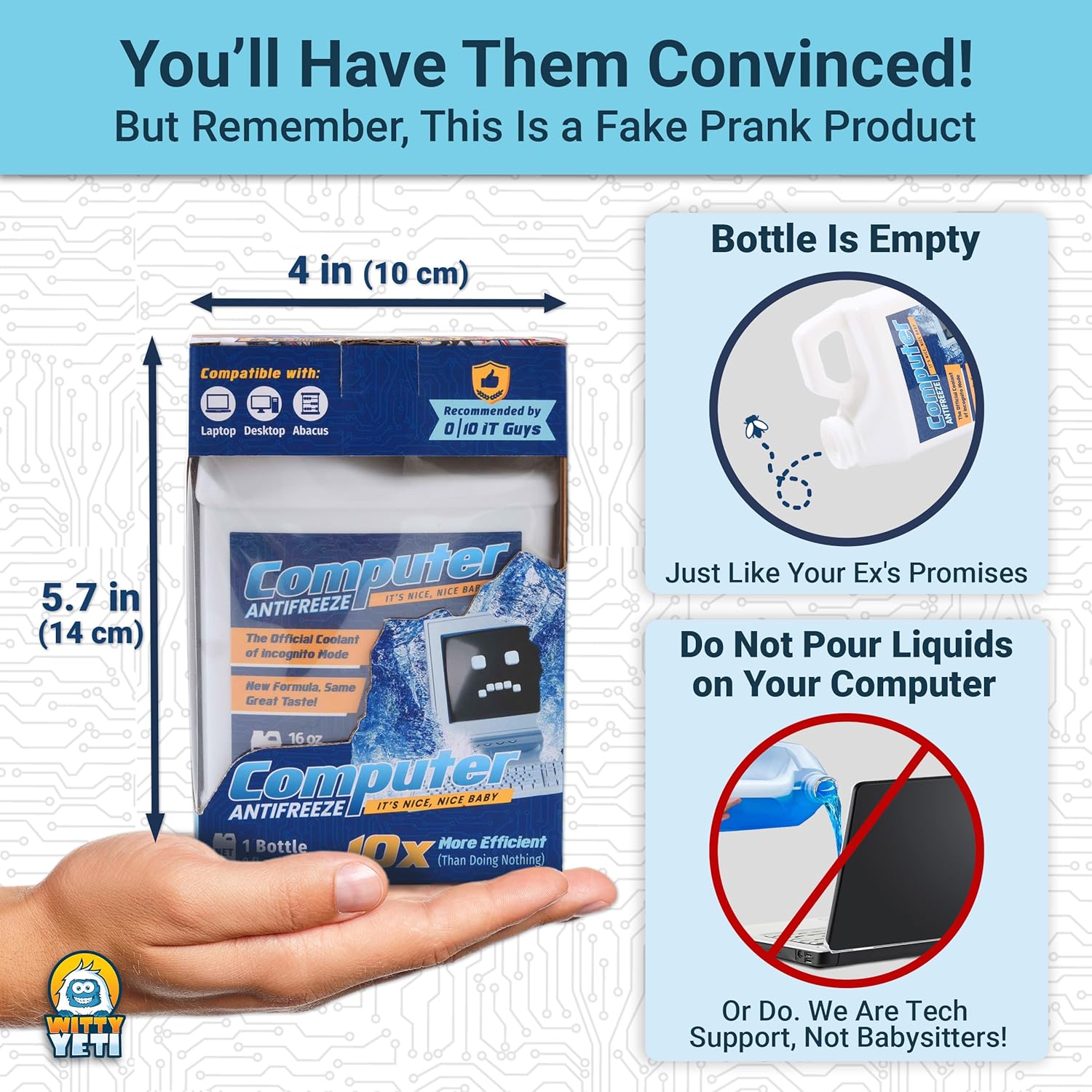 Witty Yeti Hilarious Gag Gift Computer Antifreeze Funny Practical Joke for Office Workers, Tech or IT Professionals. Christmas Stocking Stuffer Idea, White Elephant Party or Birthday Prank Present