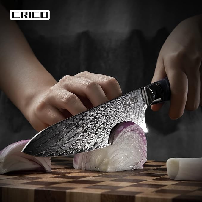 CRICO Damascus Chef Knife 8 inch, Professional Kitchen Knives with Sheath, Forged Japanese VG10 67-Layers Super Steel