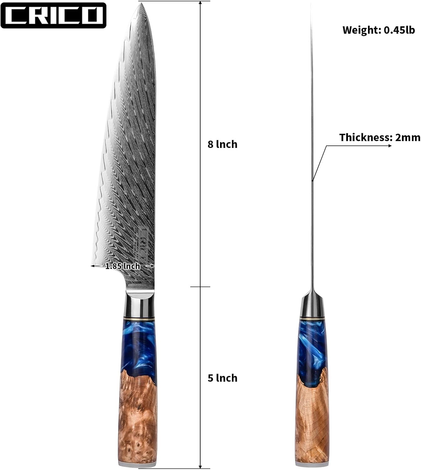 CRICO Damascus Chef Knife 8 inch, Professional Kitchen Knives with Sheath, Forged Japanese VG10 67-Layers Super Steel