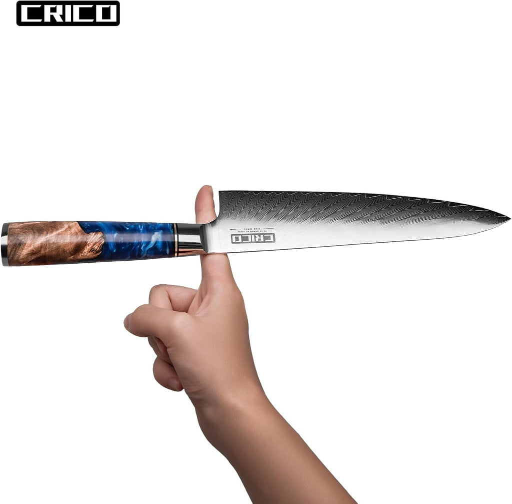 CRICO Damascus Chef Knife 8 inch, Professional Kitchen Knives with Sheath, Forged Japanese VG10 67-Layers Super Steel