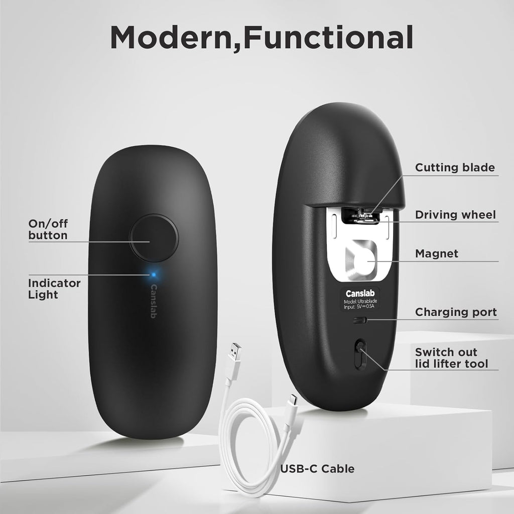 Ultra Blade PRO Auto Stop Can Opener - Rechargeable Electric Can Opener for Kitchen for Seniors with Arthritis - One Touch Side Cut Opener, Smooth Edge, Handfree, Wall Mounted Small Size, Black