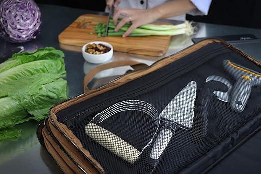 Waxed Canvas Chef Knife Bag Holds 19 Knives PLUS Knife Steel Meat Cleaver and Large Storage Compartments! Our Most Durable Professional Line Knife Carrier Includes Custom Padlock! (Bag Only) (Khaki)