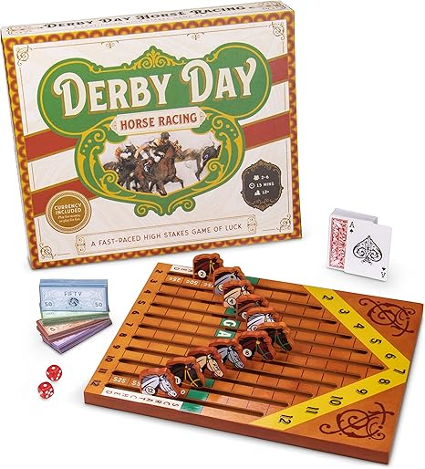 Derby Day | Horse Racing Board Game | Family and Adult Vintage Race Game Great for Parties and Low-Stakes Gambling | Includes Game Board, Deck of Cards, Pair of Dice and Paper Currency