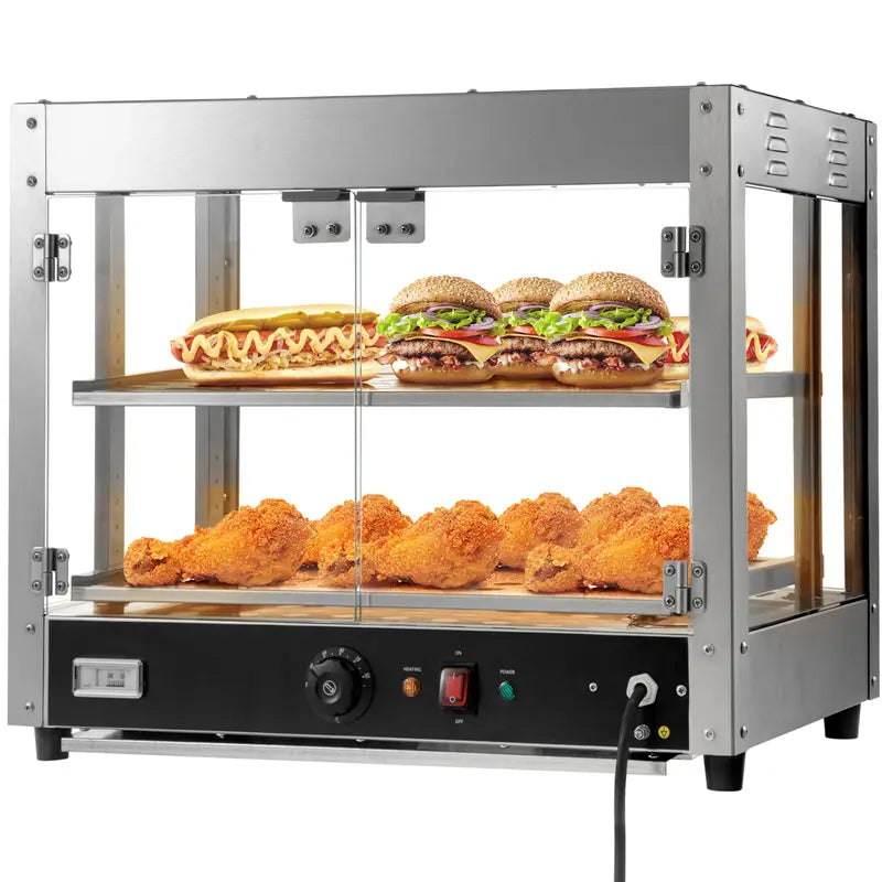 Commercial Food Warmer Display, 2 Tiers, 800W Pizza Warmer w/ 3D Heating 3-Color Lighting Bottom Fan, Countertop Pastry Warmer w/Temp Knob & Display 0.6L Water Tray, Stainless Frame Glass Doors