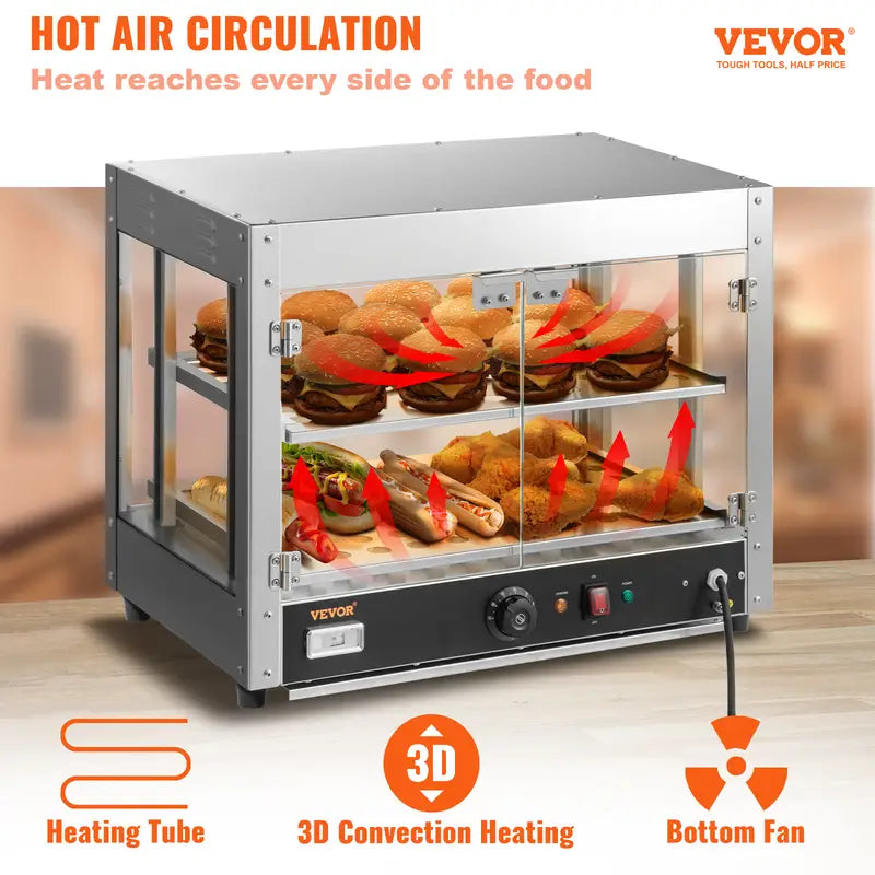 Commercial Food Warmer Display, 2 Tiers, 800W Pizza Warmer w/ 3D Heating 3-Color Lighting Bottom Fan, Countertop Pastry Warmer w/Temp Knob & Display 0.6L Water Tray, Stainless Frame Glass Doors