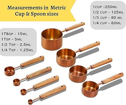 Copper Stainless Steel Measuring Cups and Spoons Set of 8, Wooden Handle with US Measurements, Metric Cups and Spoons for cooking and baking