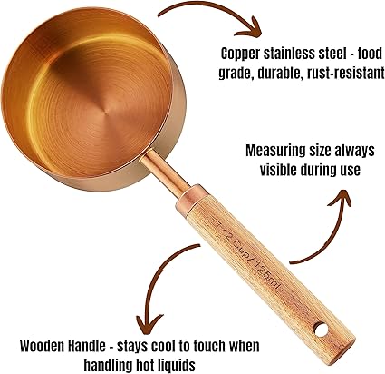 Copper Stainless Steel Measuring Cups and Spoons Set of 8, Wooden Handle with US Measurements, Metric Cups and Spoons for cooking and baking