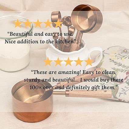 Copper Stainless Steel Measuring Cups and Spoons Set of 8, Wooden Handle with US Measurements, Metric Cups and Spoons for cooking and baking