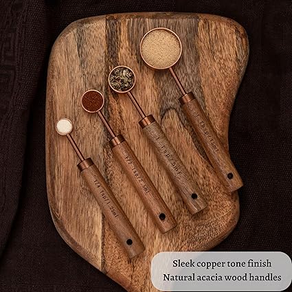 Copper Stainless Steel Measuring Cups and Spoons Set of 8, Wooden Handle with US Measurements, Metric Cups and Spoons for cooking and baking