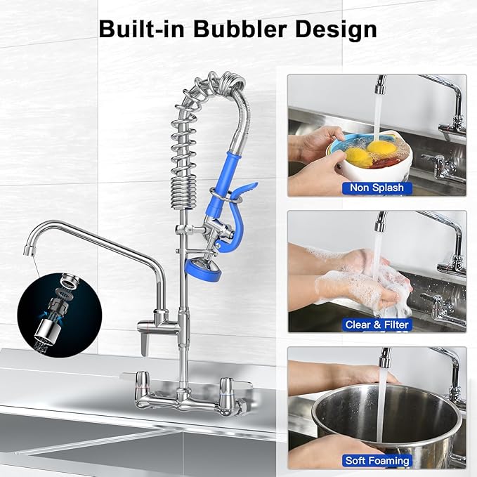 Commercial Faucet with Sprayer for Kitchen Sink: Akwadu Wall Mount Commercial Kitchen Faucet with Sprayer for Compartment Sink - 25" Height 8" Center Pre Rinse Faucet with 10 Inches Add-On Spout