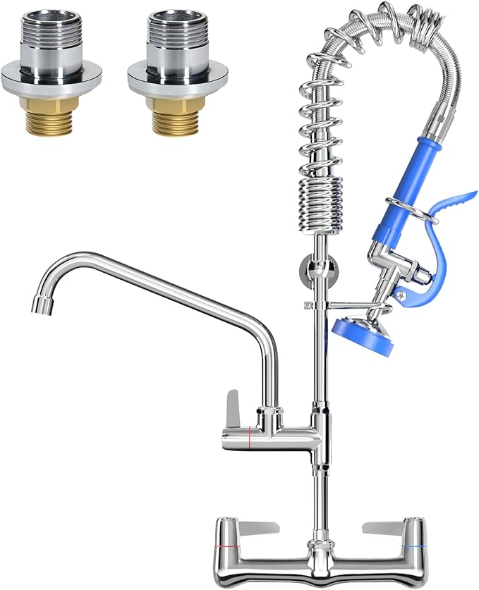Commercial Faucet with Sprayer for Kitchen Sink: Akwadu Wall Mount Commercial Kitchen Faucet with Sprayer for Compartment Sink - 25" Height 8" Center Pre Rinse Faucet with 10 Inches Add-On Spout