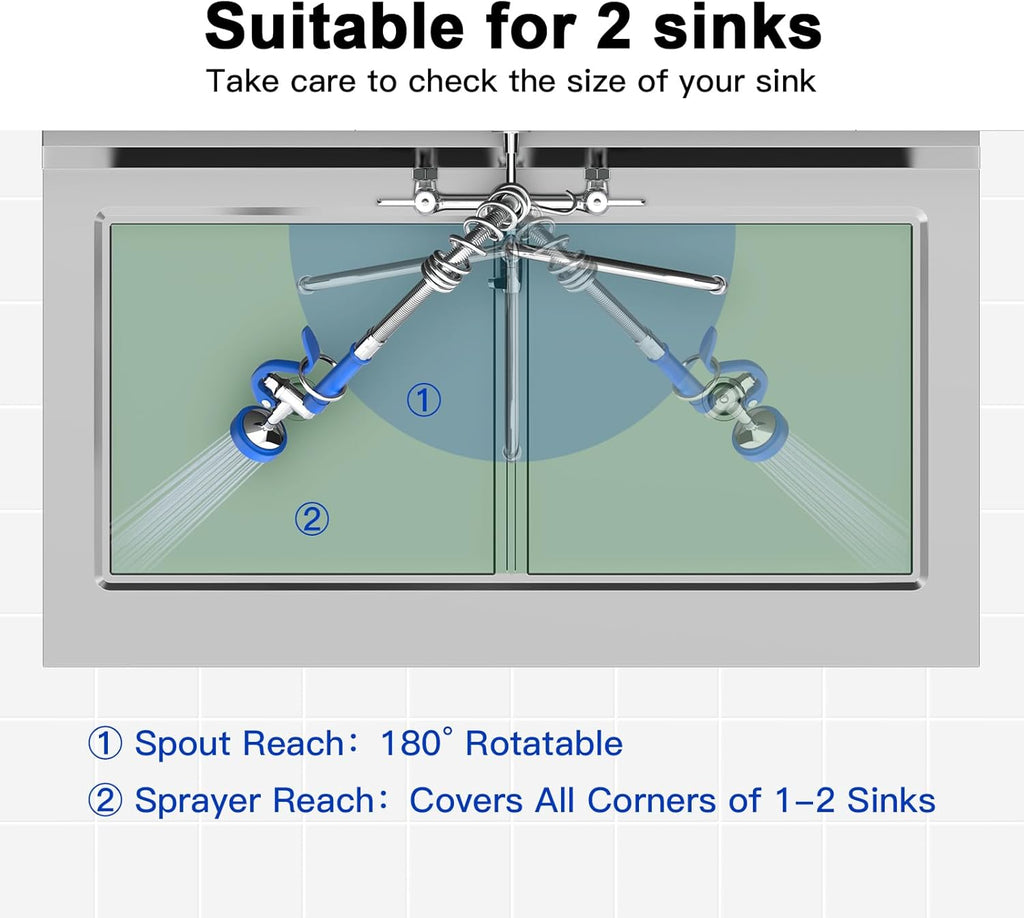 Commercial Faucet with Sprayer for Kitchen Sink: Akwadu Wall Mount Commercial Kitchen Faucet with Sprayer for Compartment Sink - 25" Height 8" Center Pre Rinse Faucet with 10 Inches Add-On Spout