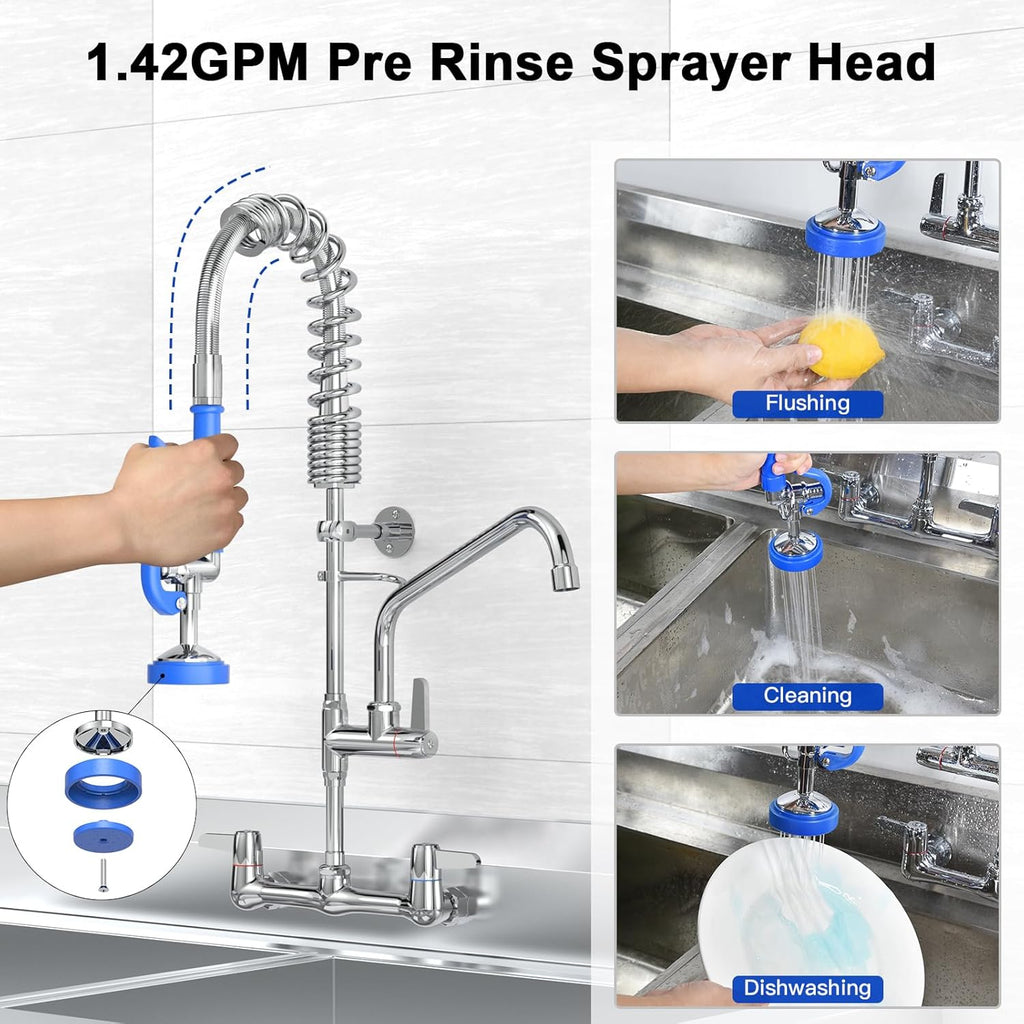 Commercial Faucet with Sprayer for Kitchen Sink: Akwadu Wall Mount Commercial Kitchen Faucet with Sprayer for Compartment Sink - 25" Height 8" Center Pre Rinse Faucet with 10 Inches Add-On Spout