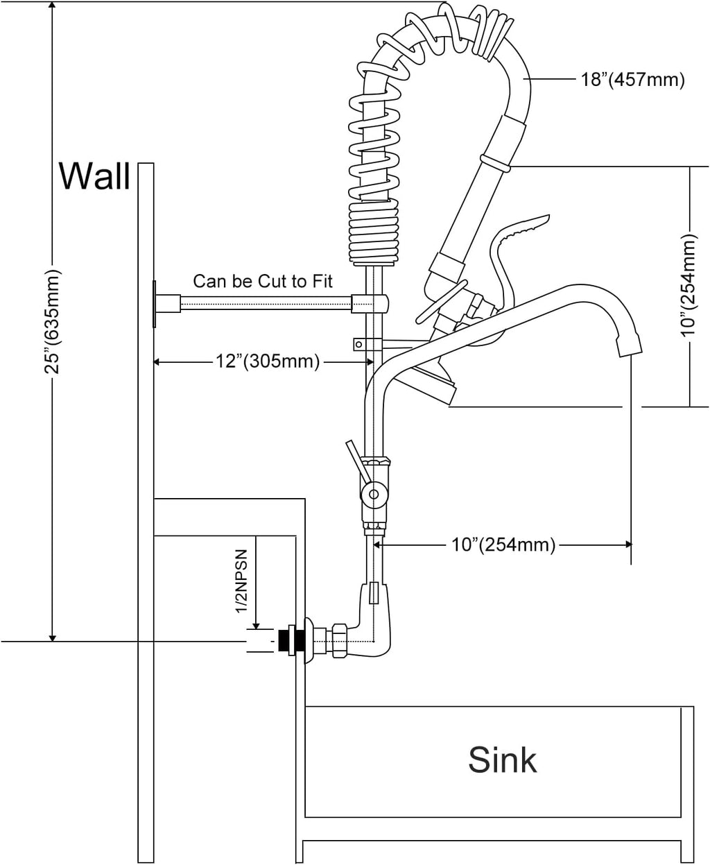 Commercial Faucet with Sprayer for Kitchen Sink: Akwadu Wall Mount Commercial Kitchen Faucet with Sprayer for Compartment Sink - 25" Height 8" Center Pre Rinse Faucet with 10 Inches Add-On Spout