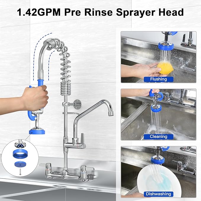 Commercial Faucet with Sprayer for Kitchen Sink: Akwadu Wall Mount Commercial Kitchen Faucet with Sprayer for Compartment Sink - 25" Height 8" Center Pre Rinse Faucet with 10 Inches Add-On Spout