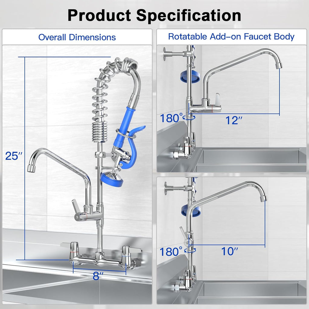 Commercial Faucet with Sprayer for Kitchen Sink: Akwadu Wall Mount Commercial Kitchen Faucet with Sprayer for Compartment Sink - 25" Height 8" Center Pre Rinse Faucet with 10 Inches Add-On Spout