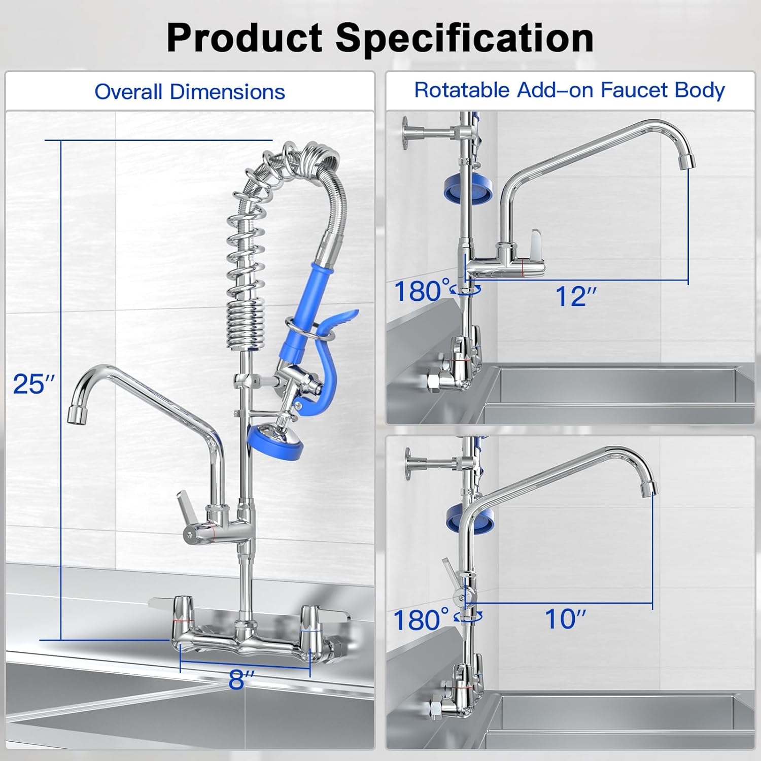 Commercial Faucet with Sprayer for Kitchen Sink: Akwadu Wall Mount Commercial Kitchen Faucet with Sprayer for Compartment Sink - 25" Height 8" Center Pre Rinse Faucet with 10 Inches Add-On Spout