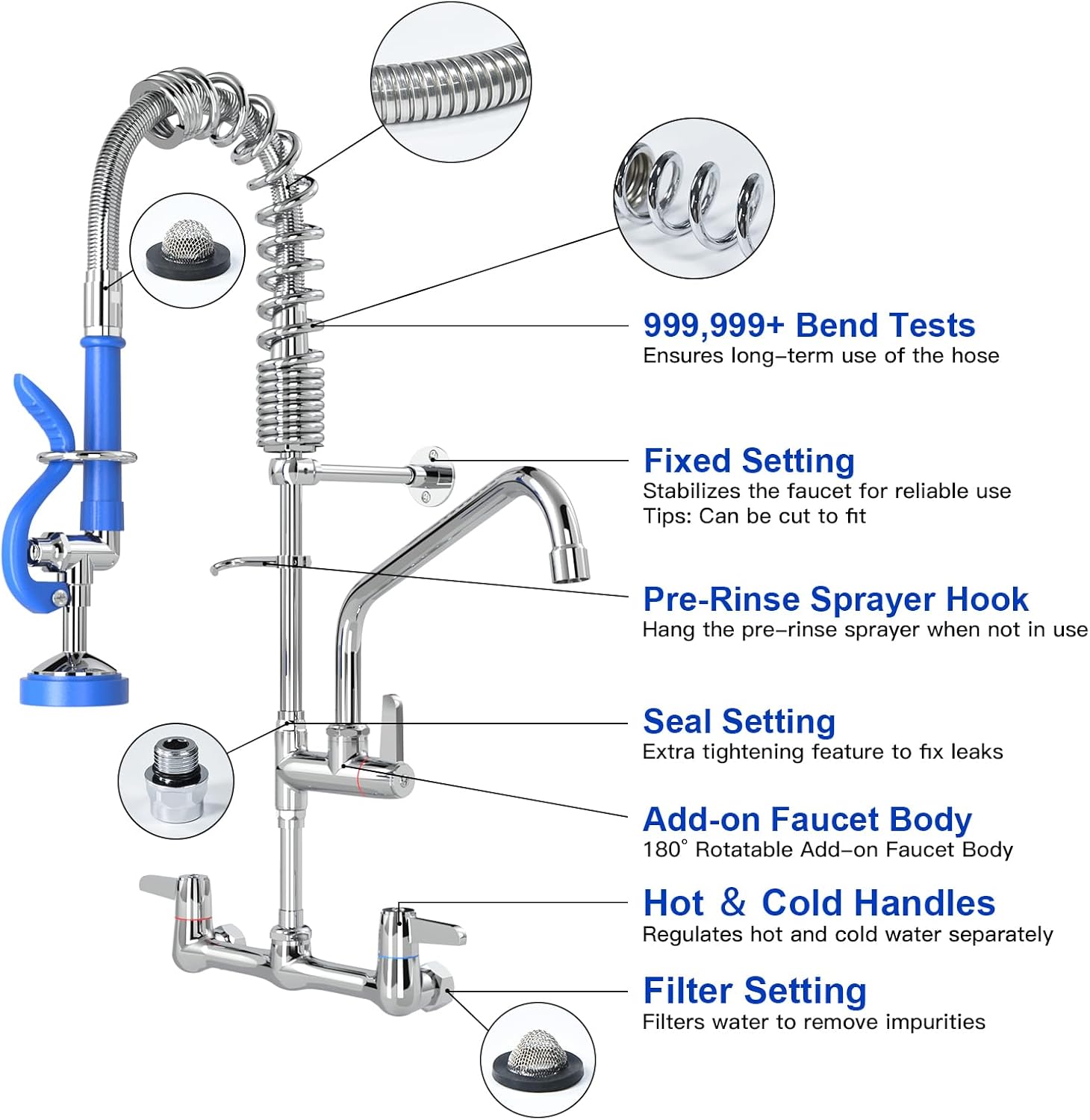 Commercial Faucet with Sprayer for Kitchen Sink: Akwadu Wall Mount Commercial Kitchen Faucet with Sprayer for Compartment Sink - 25" Height 8" Center Pre Rinse Faucet with 10 Inches Add-On Spout